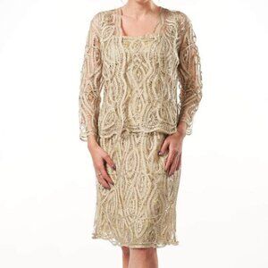 NWT Soulmates D8066 Allover Lace Semi Formal Dress Champagne Size XL